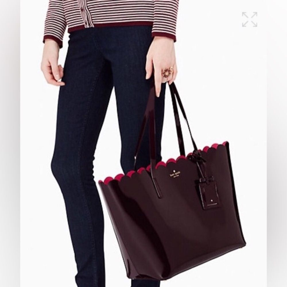 Kate Spade Lily Avenue Carrigan Leather Scallop-Edged Tote Burgundy Bag Tag Chic - Picture 3 of 12